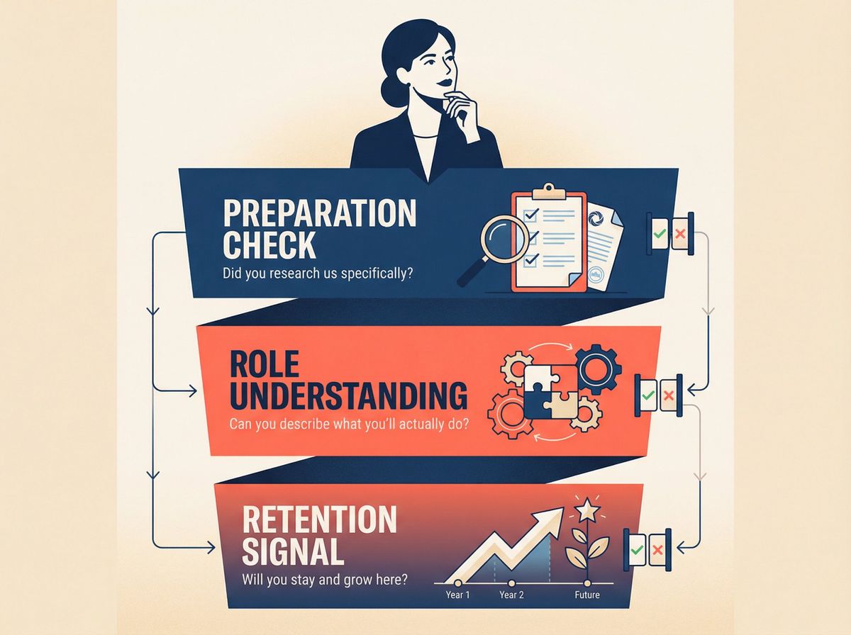 Visual diagram showing the three key evaluation criteria hiring managers assess when asking 'Why do you want to work here?'
