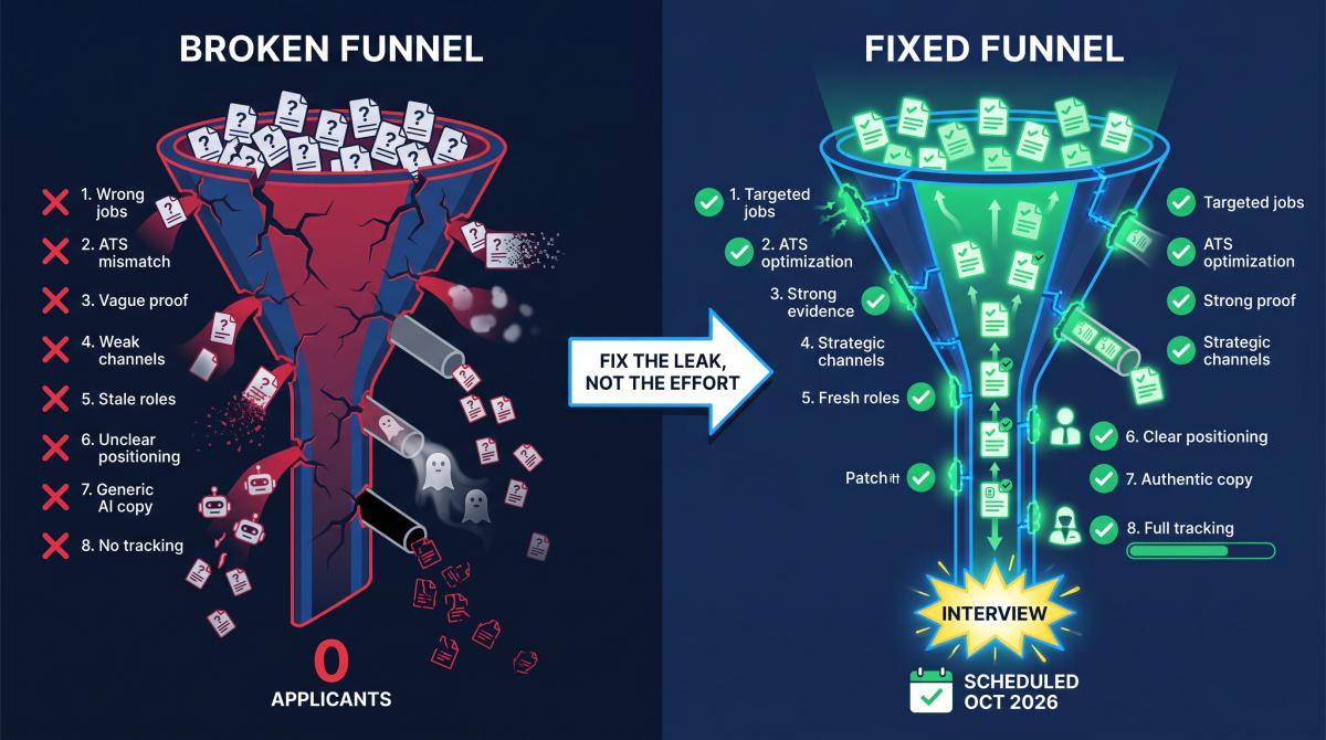 Job application funnel diagram showing 10 broken stages being repaired into a clear path to interview success