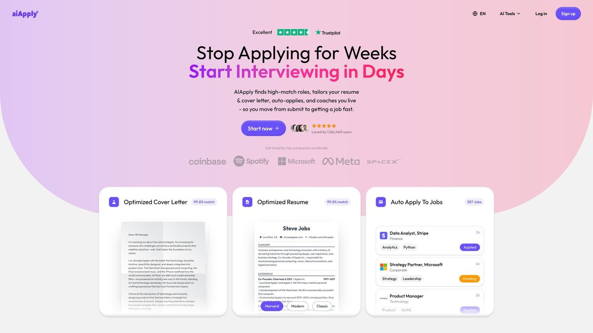 AIApply homepage showing "Stop Applying for Weeks, Start Interviewing in Days" hero with Resume Builder, Cover Letter, and Auto Apply product cards