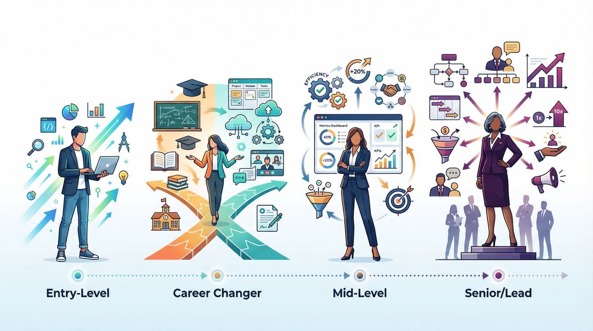 Four-stage career progression visual showing entry-level, career changer, mid-level specialist, and senior lead professional personas with distinct characteristics