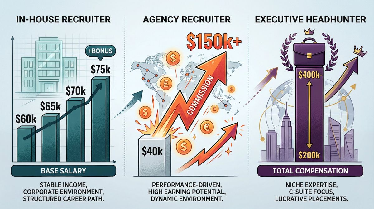 Three-way salary comparison showing in-house recruiter, agency recruiter, and executive headhunter with different pay structures