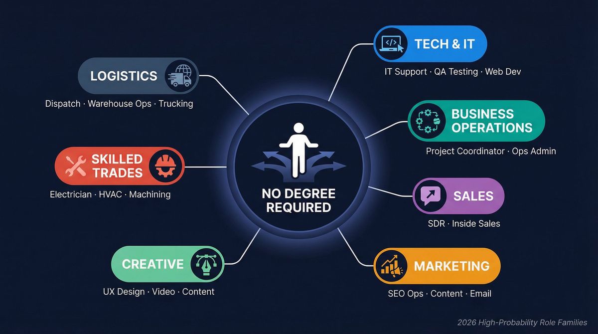 Career pathway map showing 7 high-probability job families accessible without a college degree in 2026