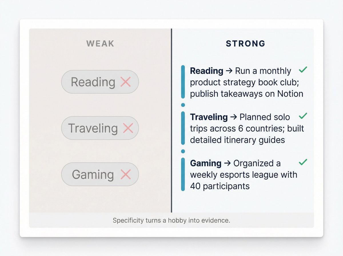 Before-and-after comparison card showing vague hobby descriptions transformed into specific, evidence-backed resume lines