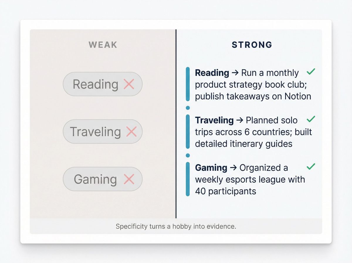 Before-and-after comparison card showing vague hobby descriptions transformed into specific, evidence-backed resume lines