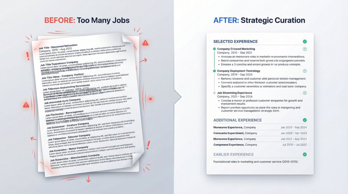 Split-panel comparison showing cluttered resume with too many jobs versus strategically curated resume using Selected Experience method
