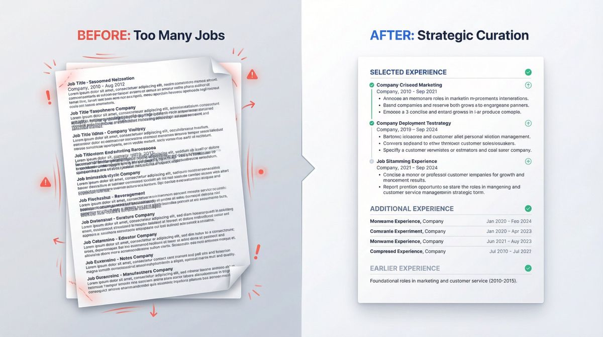 Split-panel comparison showing cluttered resume with too many jobs versus strategically curated resume using Selected Experience method