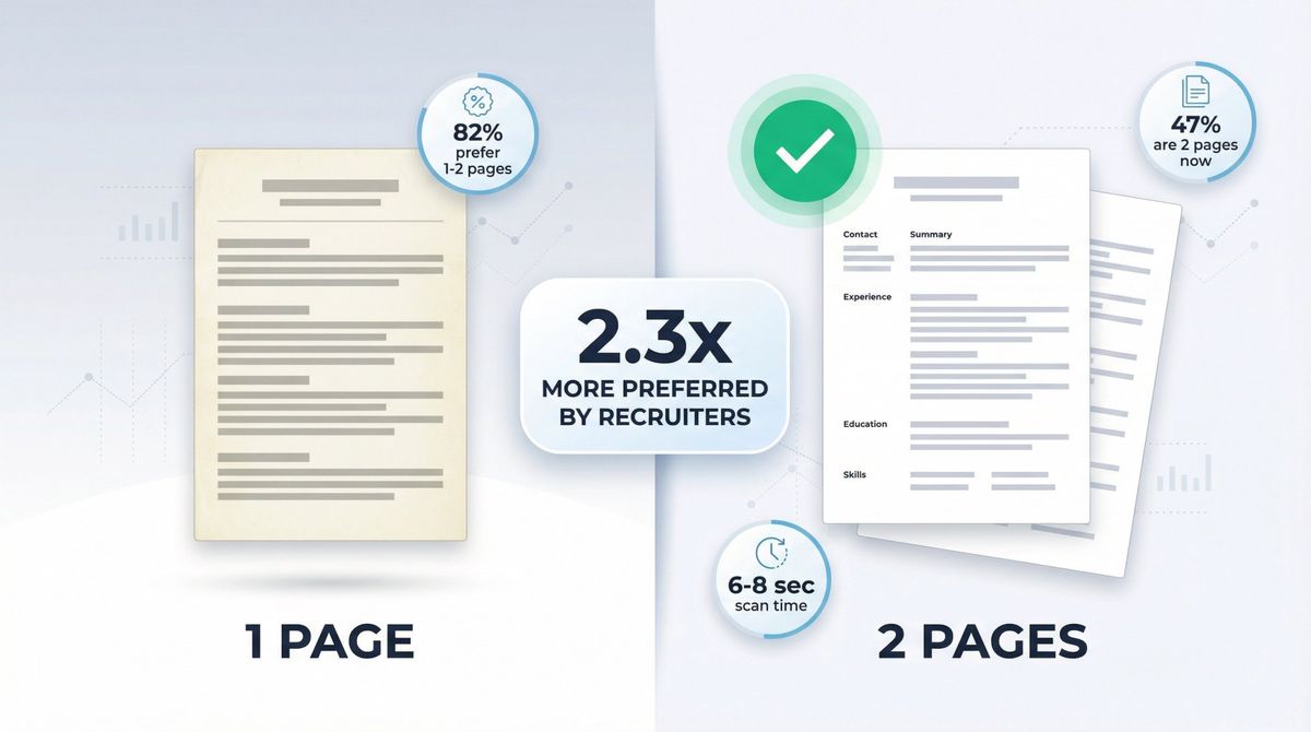 Split-screen comparison showing 1-page vs 2-page resume with recruiter preference statistics and modern guidelines