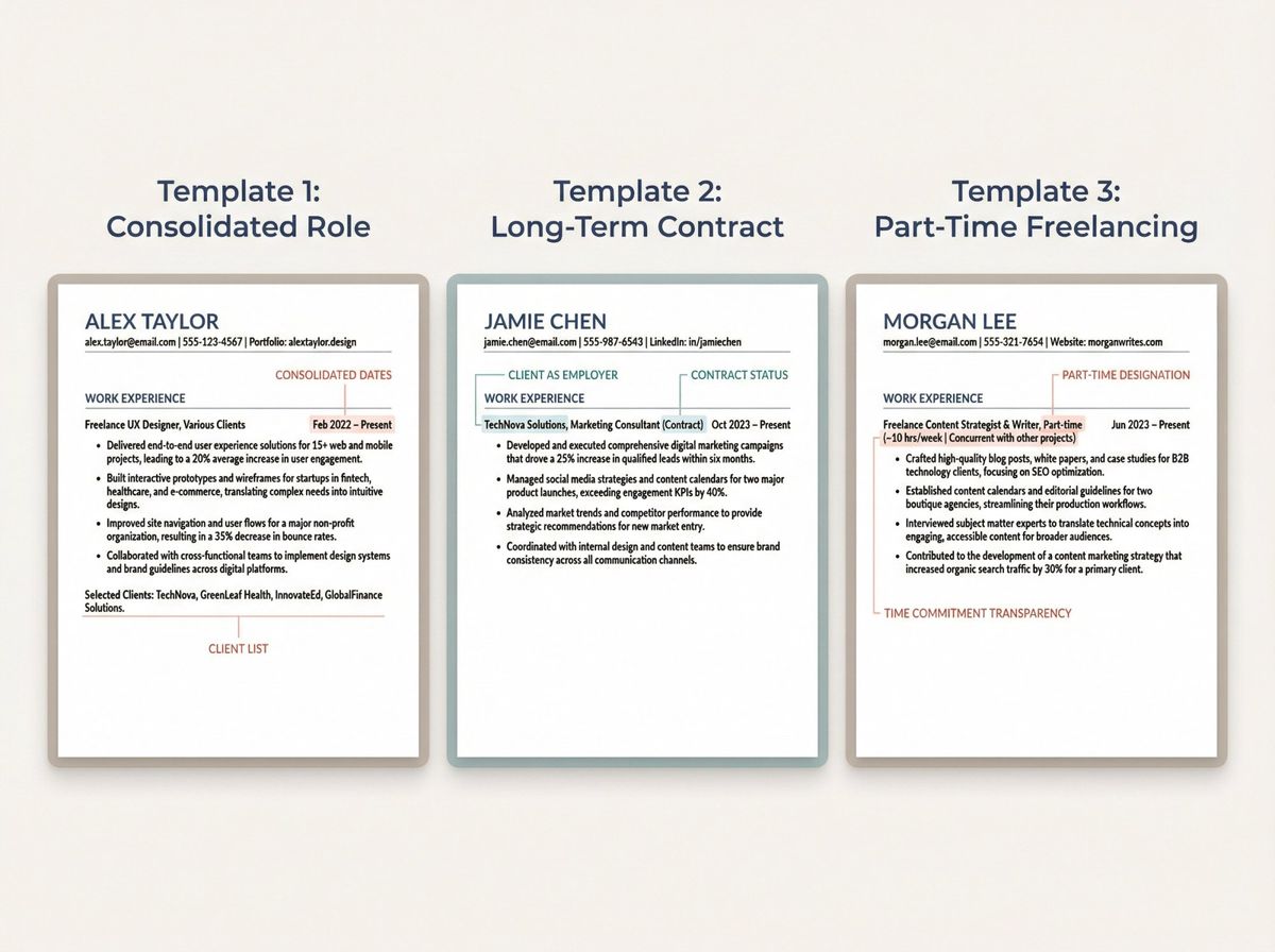 Three side-by-side freelance resume template layouts showing consolidated role format, client-as-employer format, and part-time freelancing format with annotated structural elements