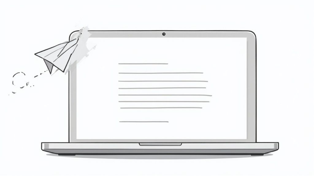 A person writing a follow-up email on a laptop.