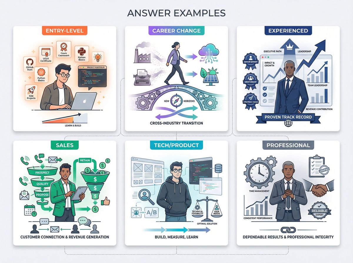 Six diverse professional scenarios showing career paths from entry-level to experienced roles