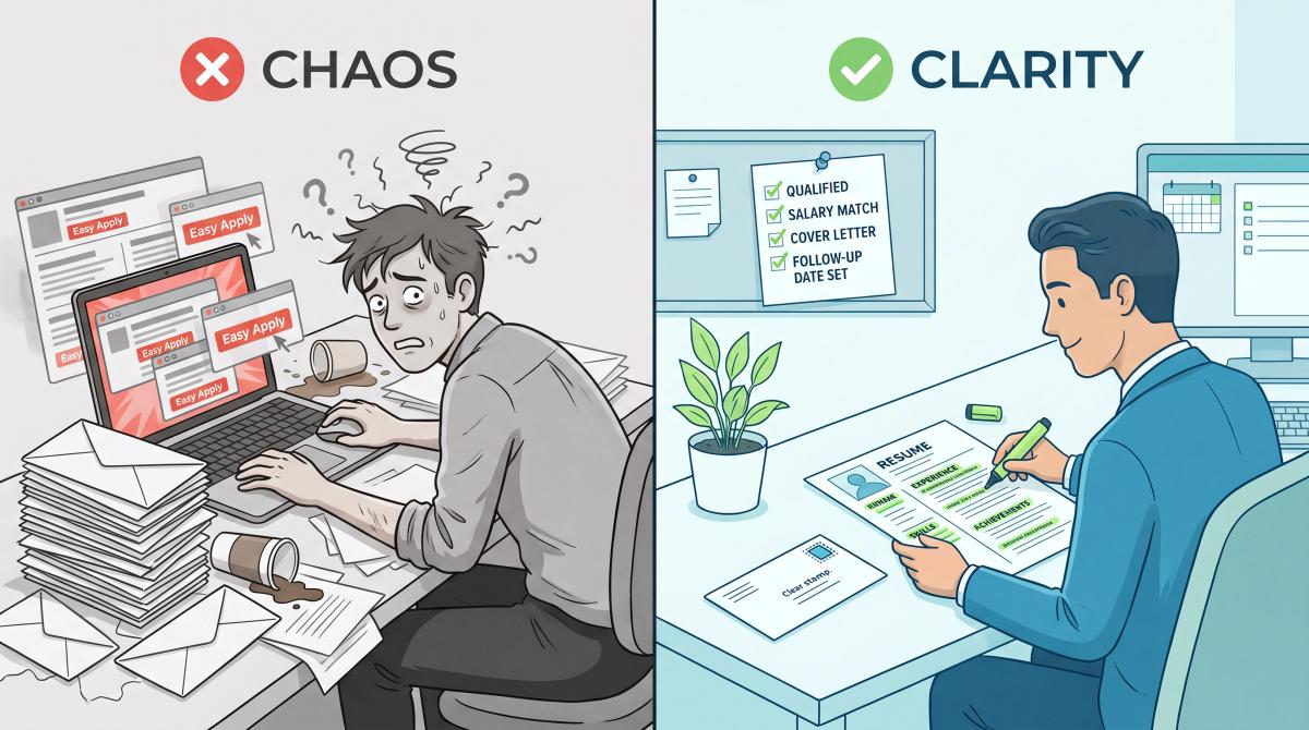 Split illustration contrasting a careless one-click job application versus a carefully tailored, researched job application