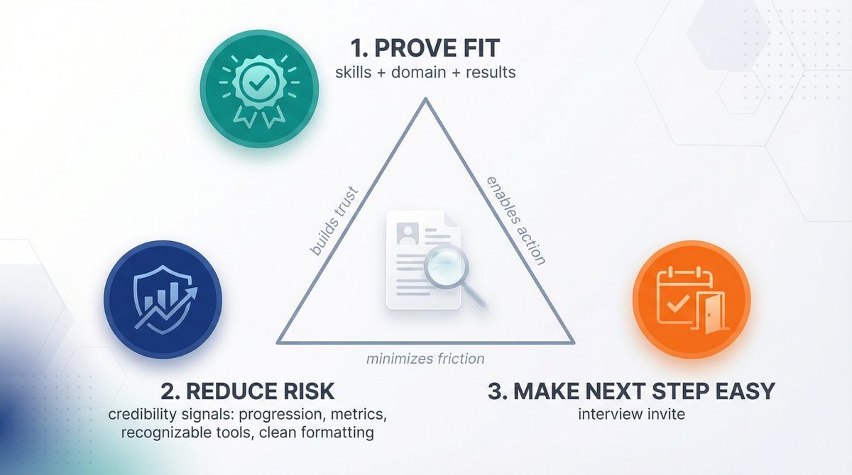 Visual diagram showing the three core jobs of a resume: Prove Fit, Reduce Risk, and Make Next Step Easy