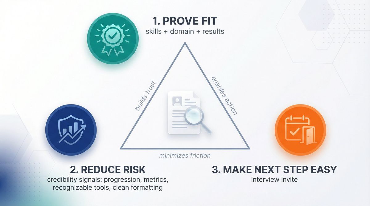 Visual diagram showing the three core jobs of a resume: Prove Fit, Reduce Risk, and Make Next Step Easy