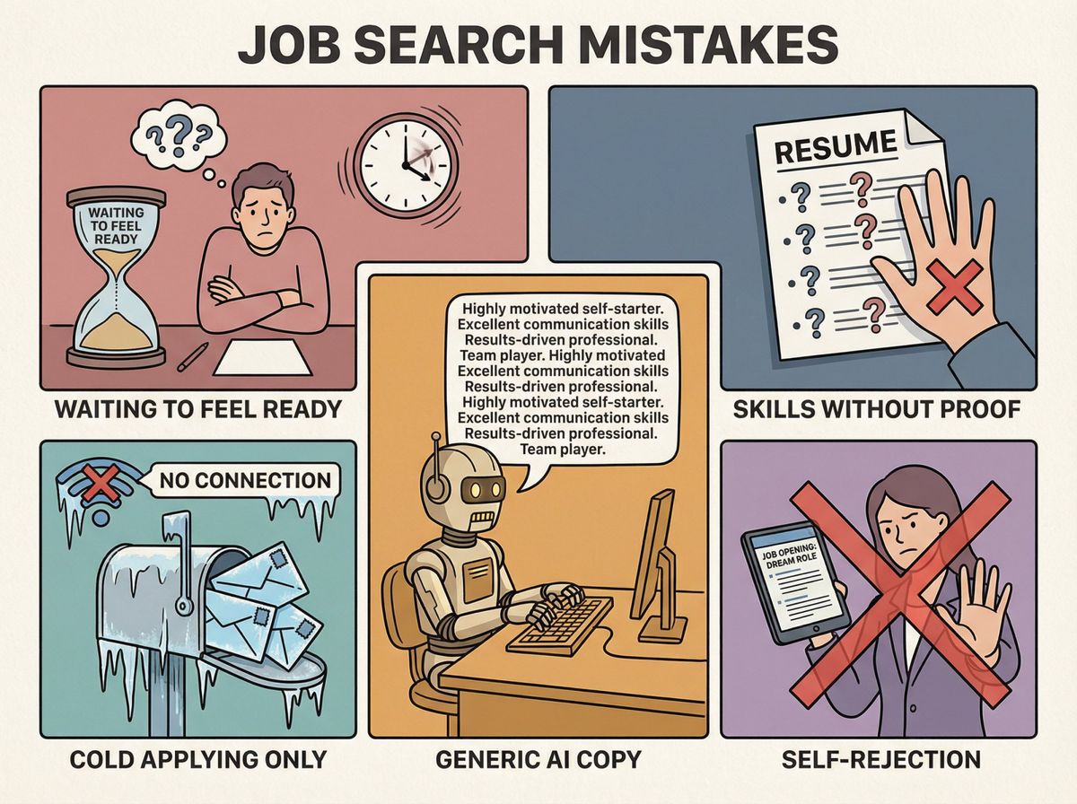 Five job search mistakes illustrated as warning signs: waiting to feel ready, no artifacts, generic AI, cold applying only, and self-rejection