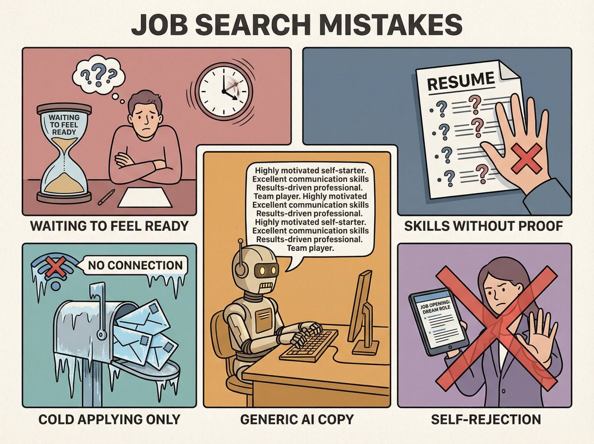 Five job search mistakes illustrated as warning signs: waiting to feel ready, no artifacts, generic AI, cold applying only, and self-rejection