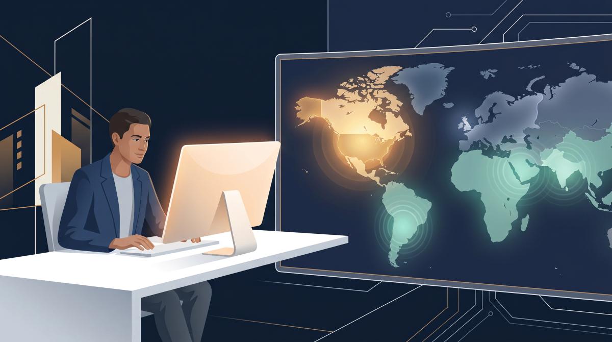 Editorial illustration of the 2026 global job market showing US, UK, and global hiring conditions with regional strength differences