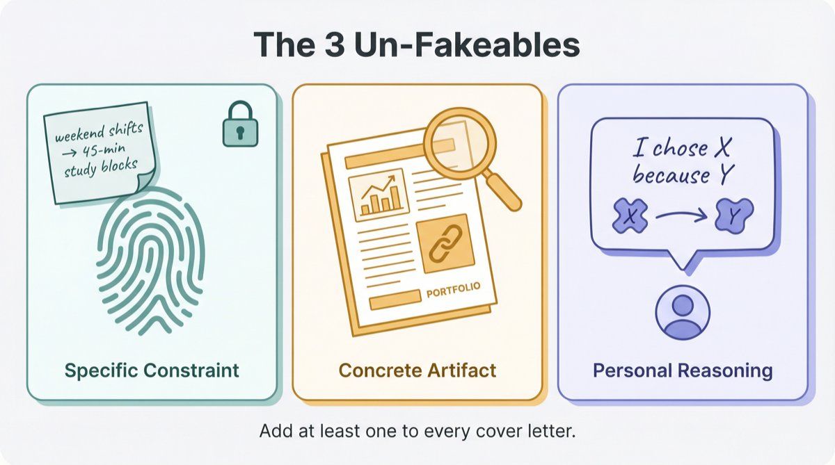 Editorial illustration of the 3 Un-Fakeables rule: three panels showing a specific constraint, concrete artifact, and personal reasoning