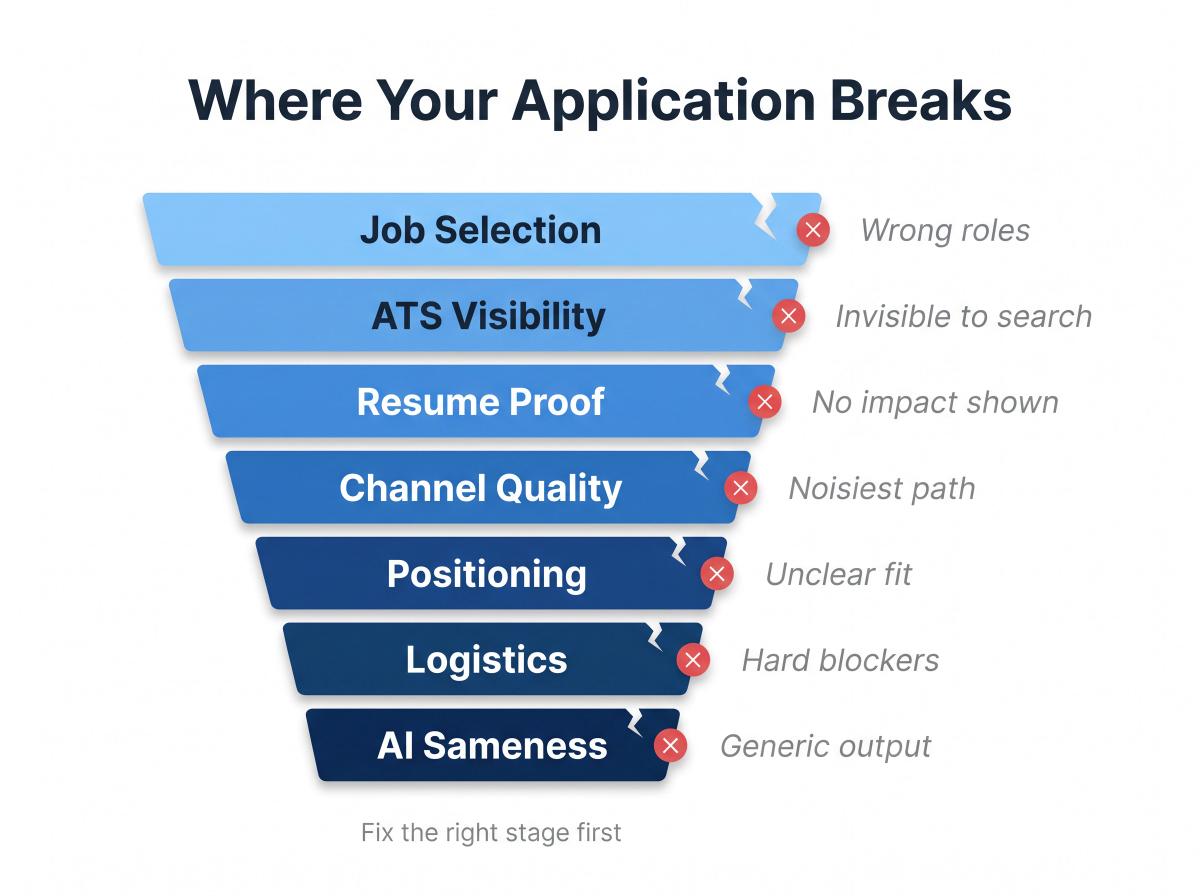 Job application funnel diagram showing 7 stages where candidates lose interviews, from job selection to AI sameness