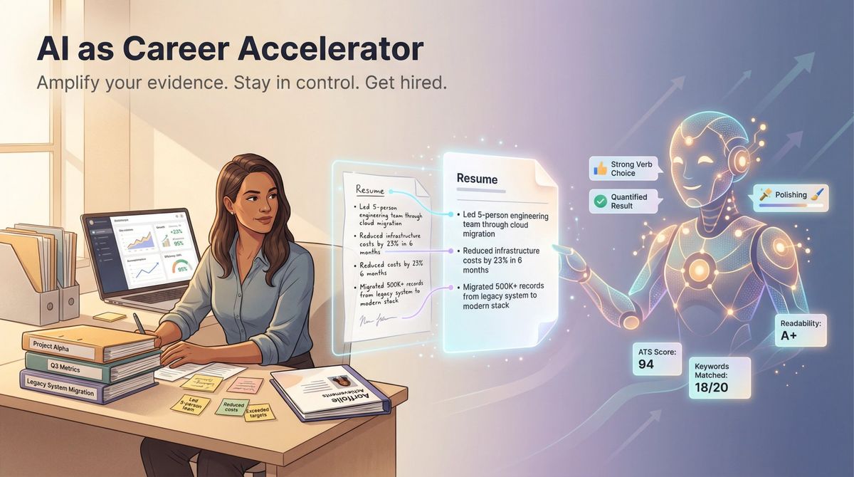 Editorial illustration showing job seeker collaborating with AI to create authentic, powerful resume