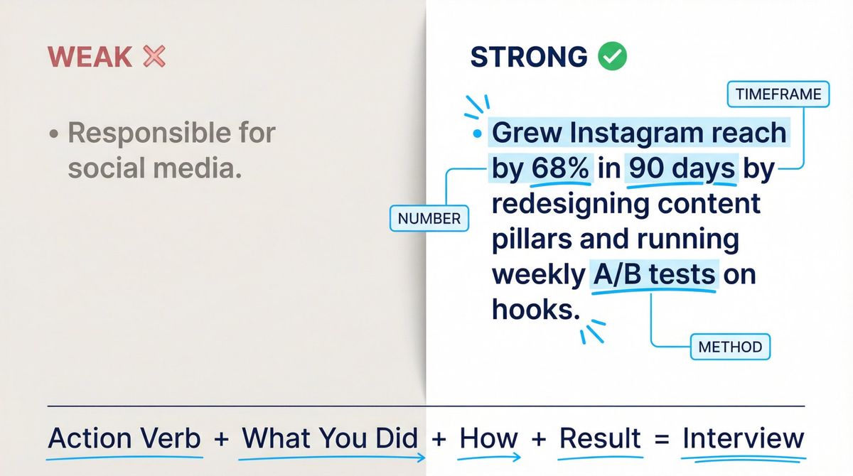Side-by-side comparison of a weak resume bullet point versus a strong one with numbers, timeframe, and method highlighted