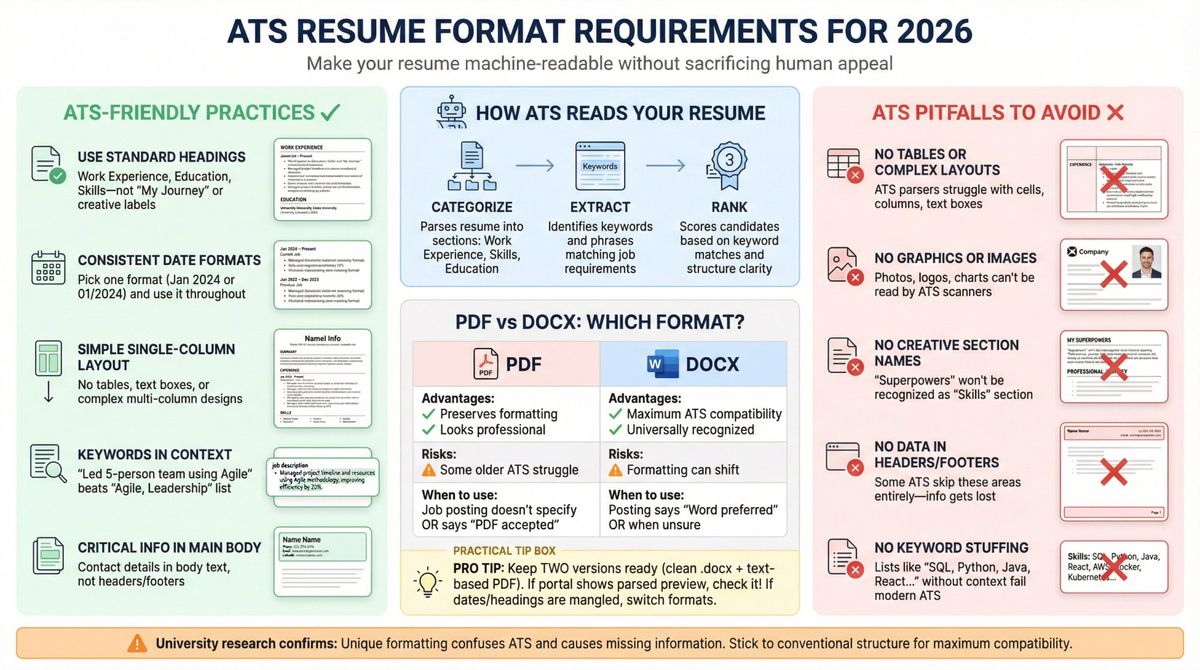 ATS-friendly resume formatting rules infographic with dos and don'ts for 2026