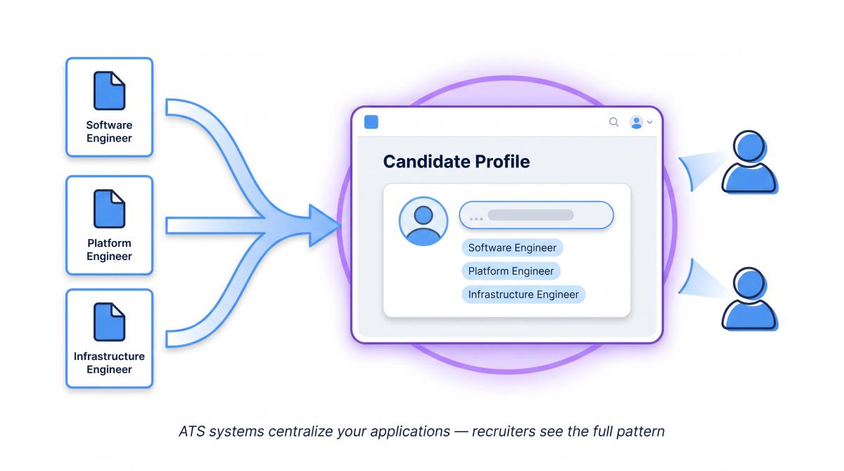 Diagram showing how ATS systems like Greenhouse and Workable consolidate multiple job applications into one centralized candidate profile visible to recruiters