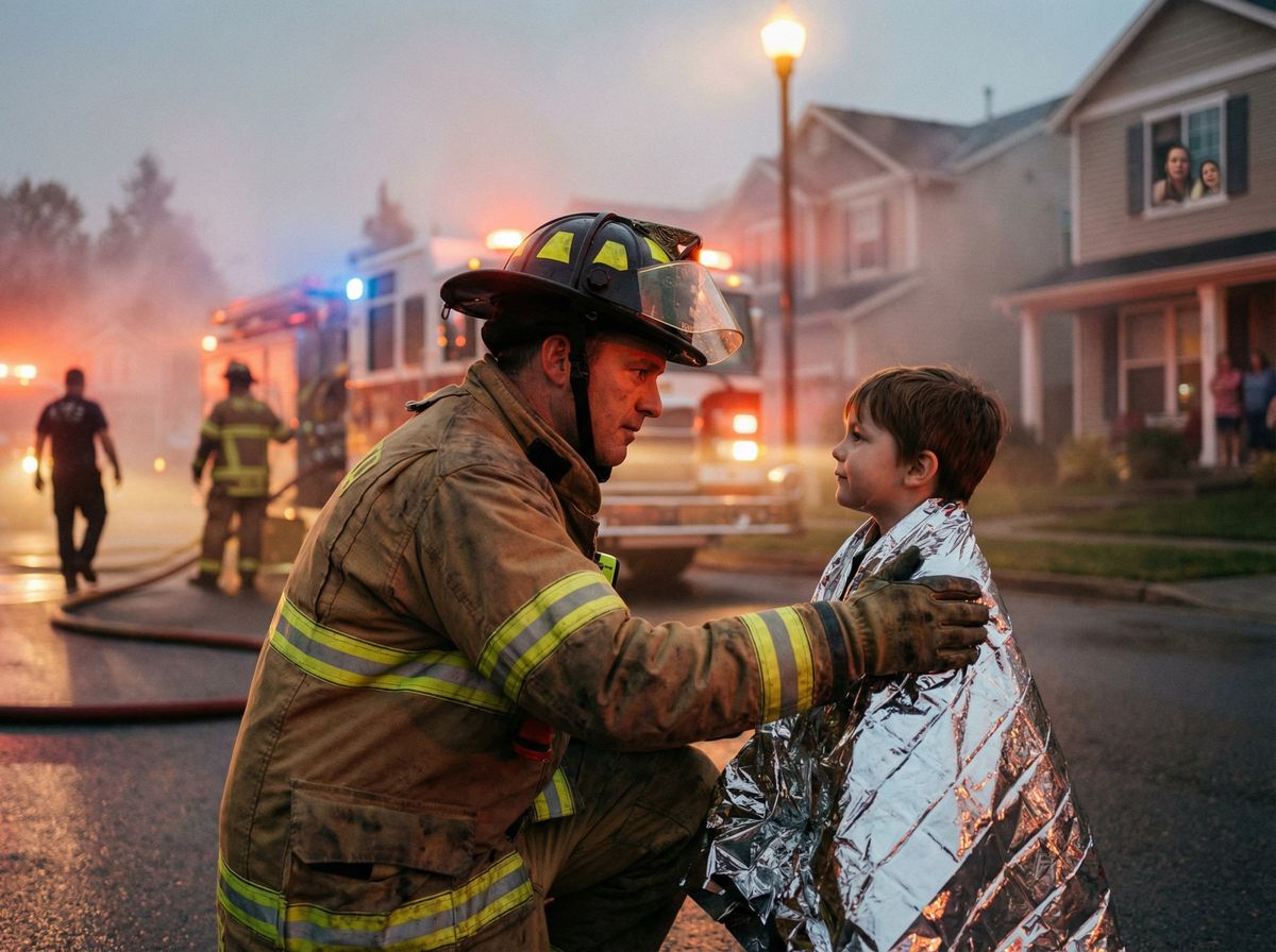 Firefighter in full protective gear kneeling to comfort a young child during an emergency response scene