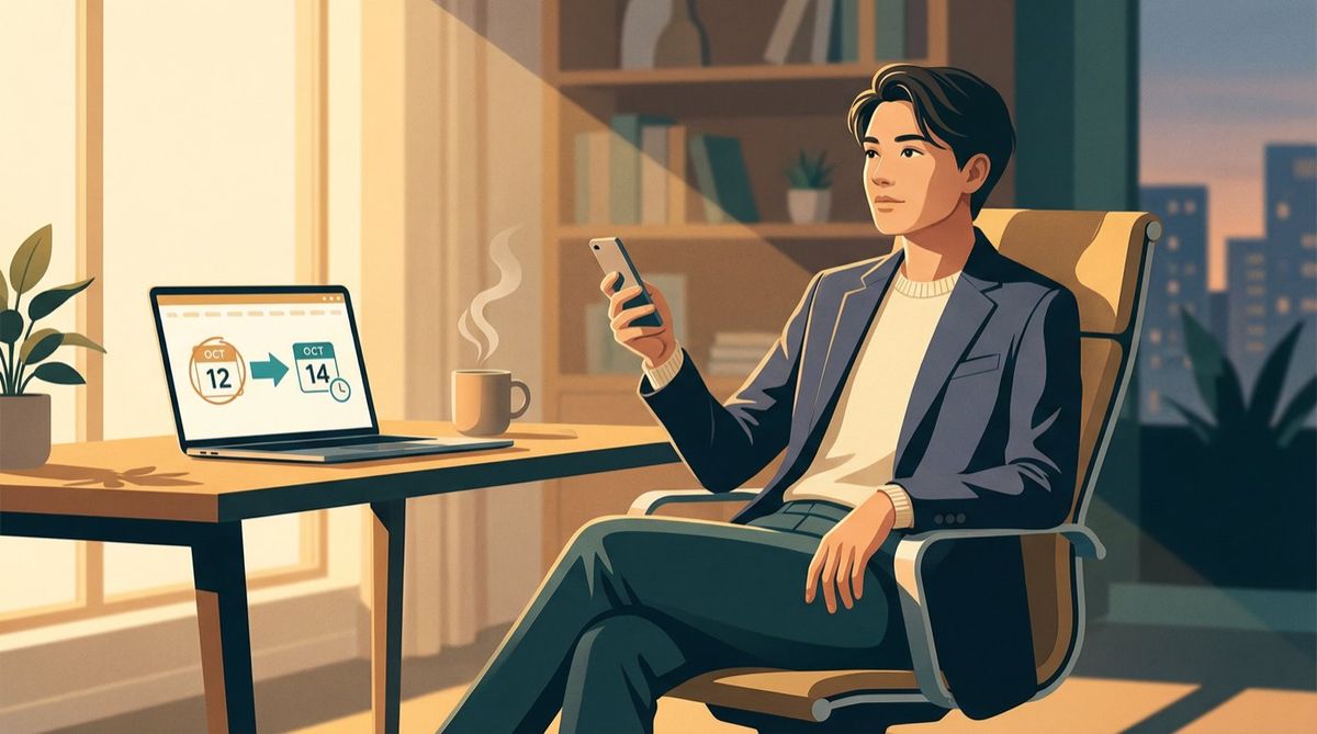 A professional calmly reviewing a job offer at a modern desk, pausing strategically before responding to request more time