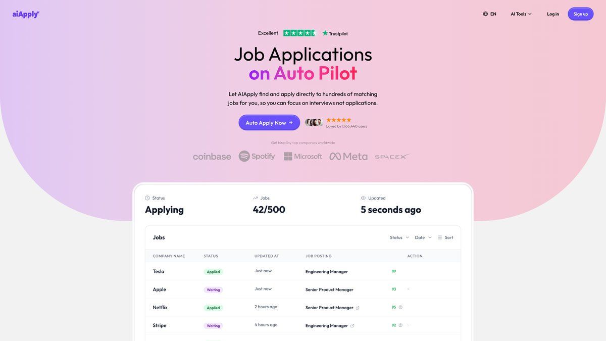 AIApply Auto Apply dashboard with 42 of 500 applications running to Tesla, Apple, Netflix, and Stripe