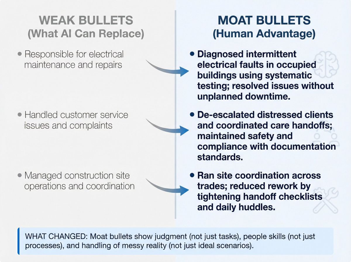 Before and after comparison showing weak resume bullets transformed into powerful moat-style bullets that demonstrate judgment and real-world impact