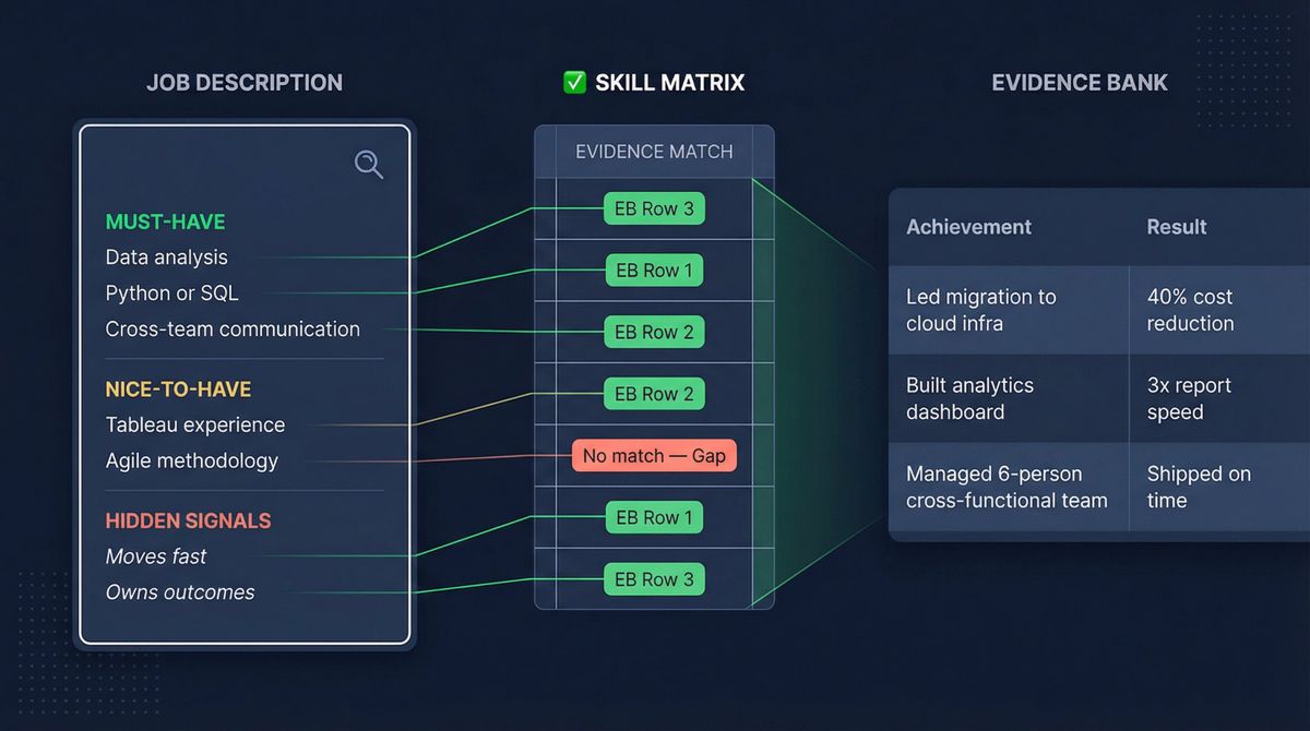 Infographic showing how to map job description requirements to your Evidence Bank using a Skill Matrix, with must-have and nice-to-have tiers