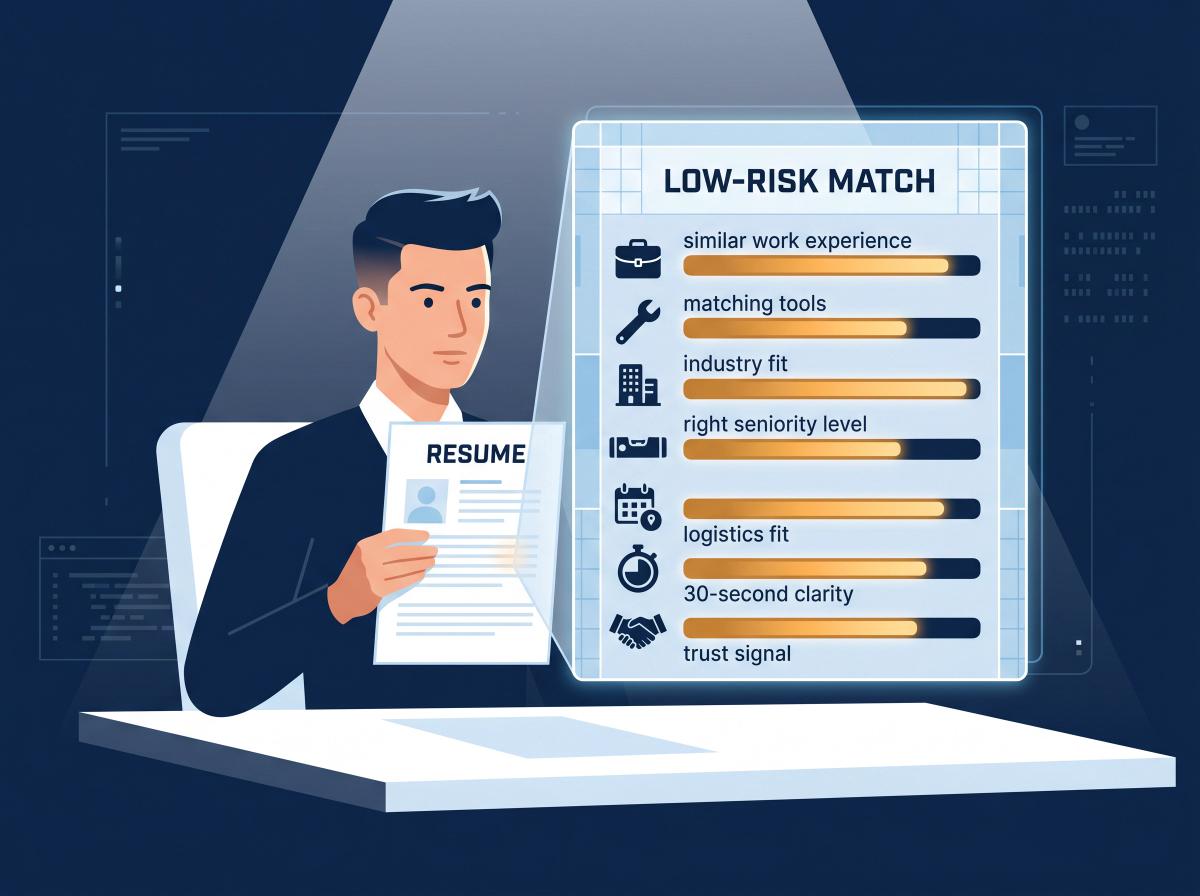 Editorial illustration of a recruiter's mental checklist evaluating applicants as low-risk matches across seven criteria