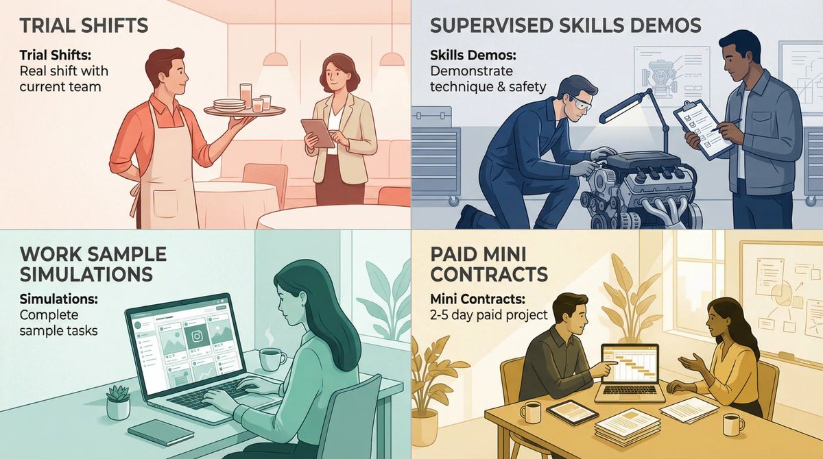 Four types of working interviews: trial shifts, supervised skills demos, work sample simulations, and paid mini contracts