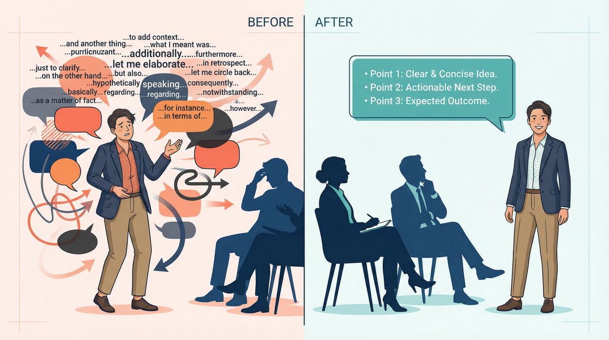 Split-panel illustration showing communication weakness transformation: cluttered speech bubbles on the left, clear confident communication on the right