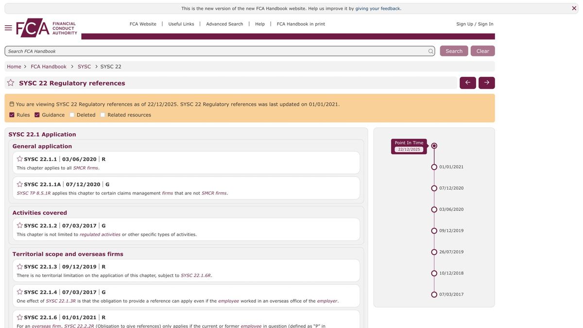 FCA Handbook SYSC 22 regulatory reference requirements page showing mandatory disclosure framework