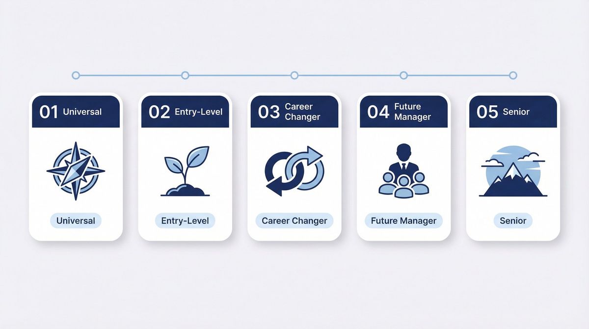 Five career-stage answer templates for the 5-year interview question, shown as distinct persona cards in a clean editorial layout