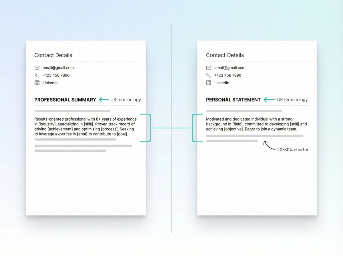 Side-by-side comparison of US resume with Professional Summary vs UK CV with Personal Statement, showing positioning and terminology differences