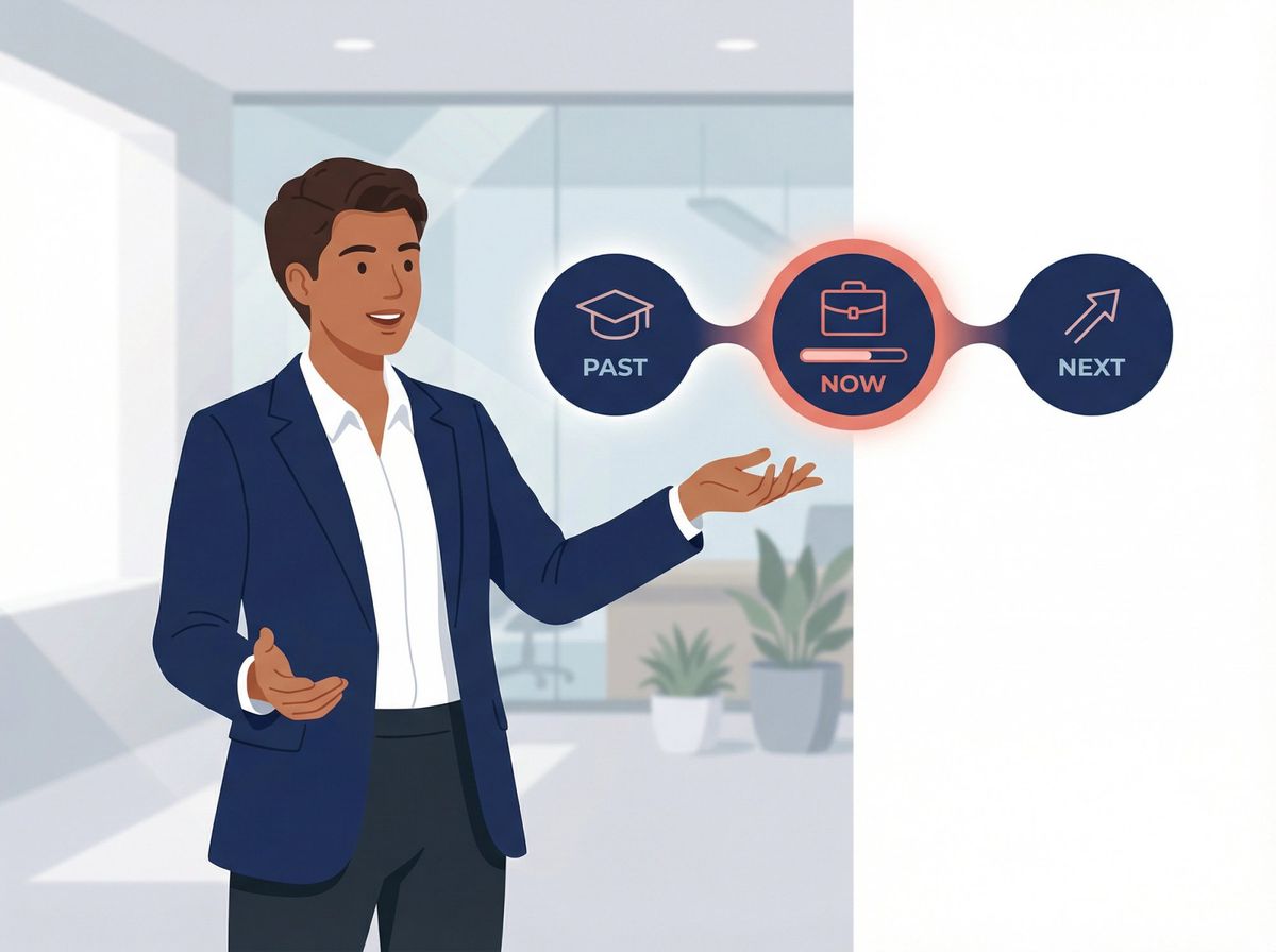 Editorial illustration of a job candidate confidently presenting their career story using a past-present-future timeline structure in an interview