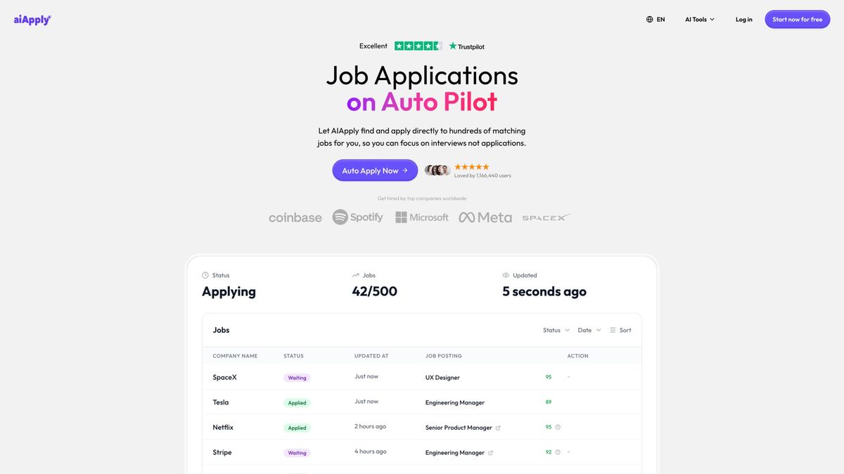 AIApply Auto Apply feature page displaying automated job application system with bulk submission capabilities