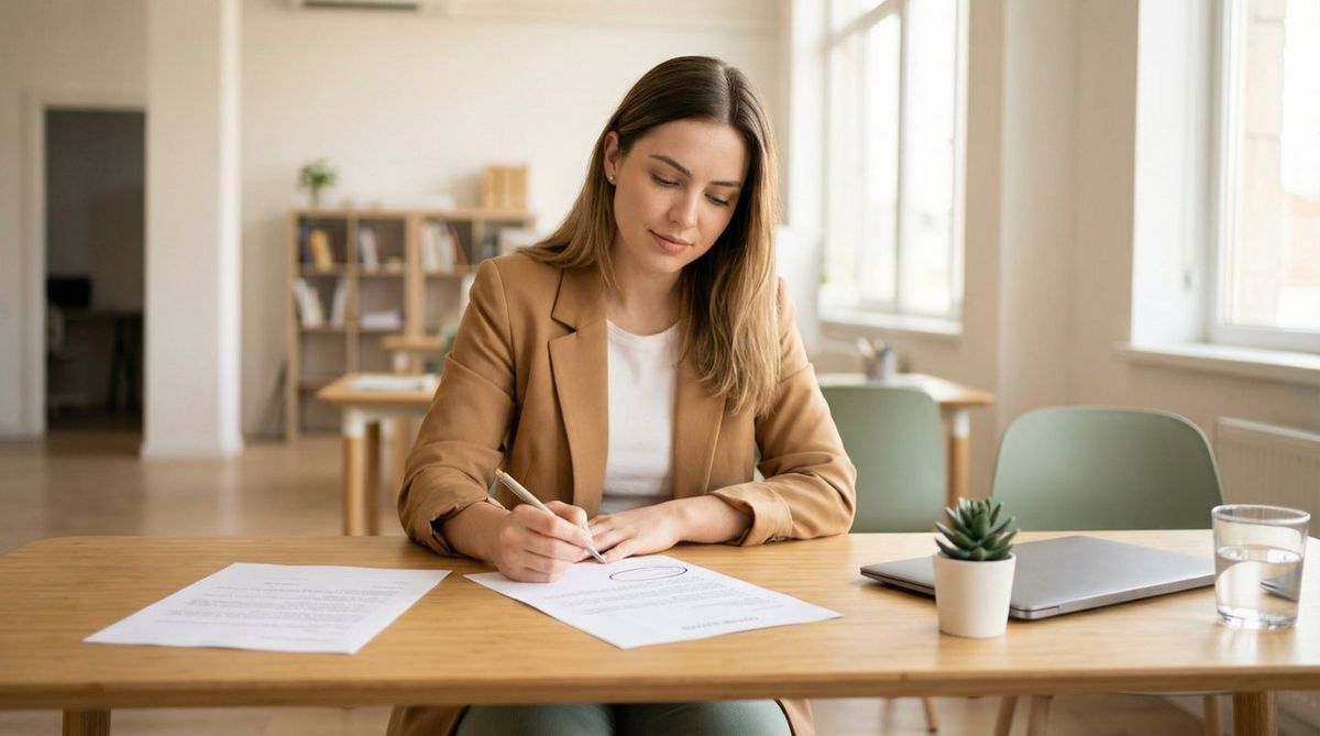 Young professional confidently reviewing a formal job offer letter at a clean modern desk, marking key terms with a pen
