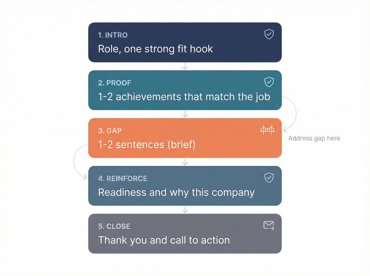 Visual diagram showing 5-part cover letter structure with career gap explanation placement in section 3