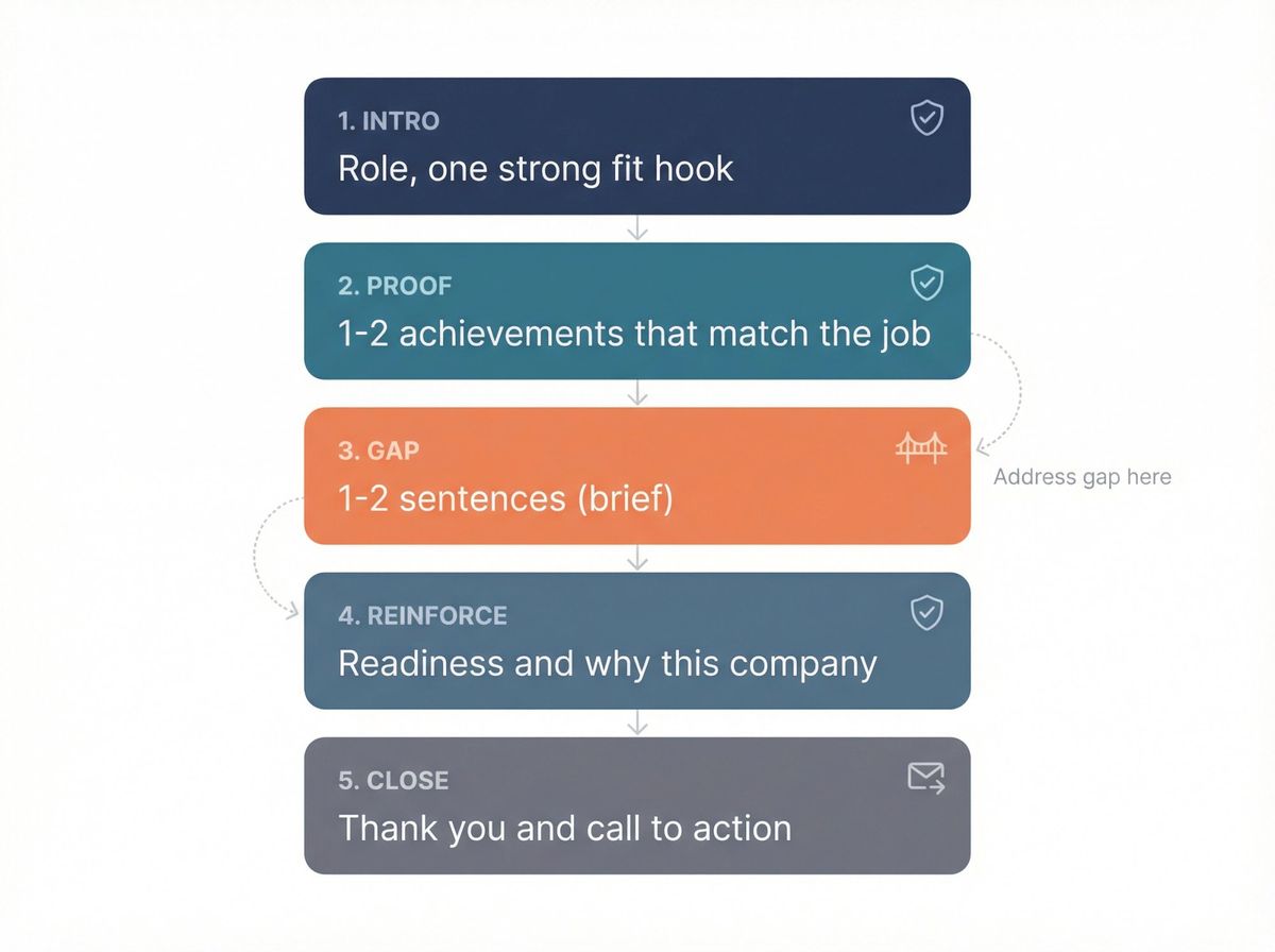 Visual diagram showing 5-part cover letter structure with career gap explanation placement in section 3