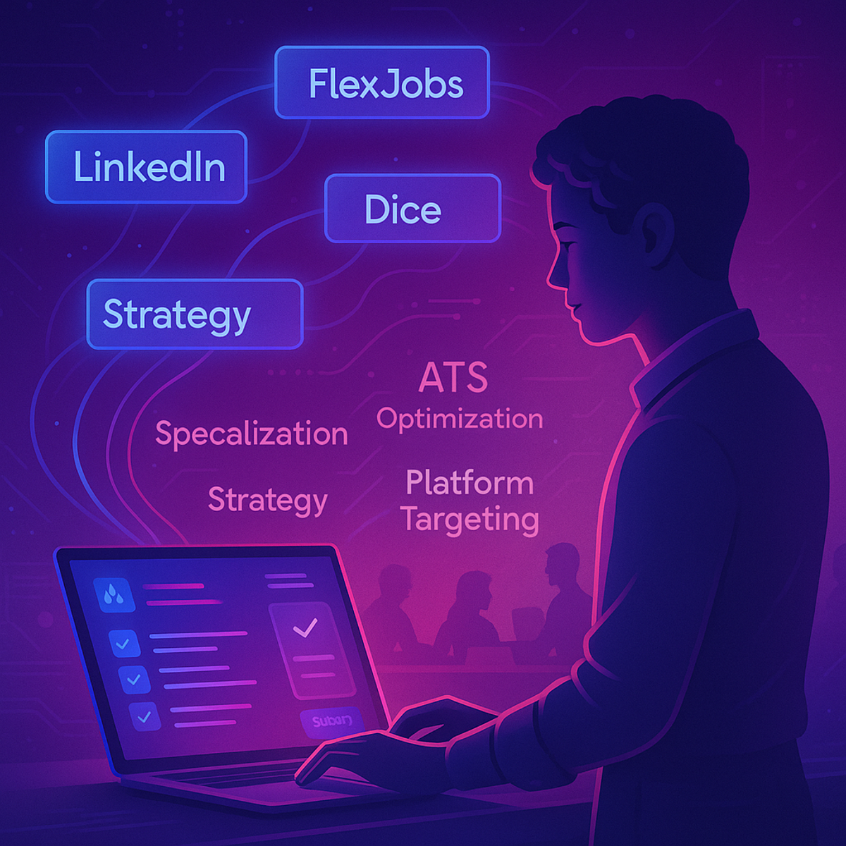 Man using laptop with job search platforms and optimization strategy keywords around him.