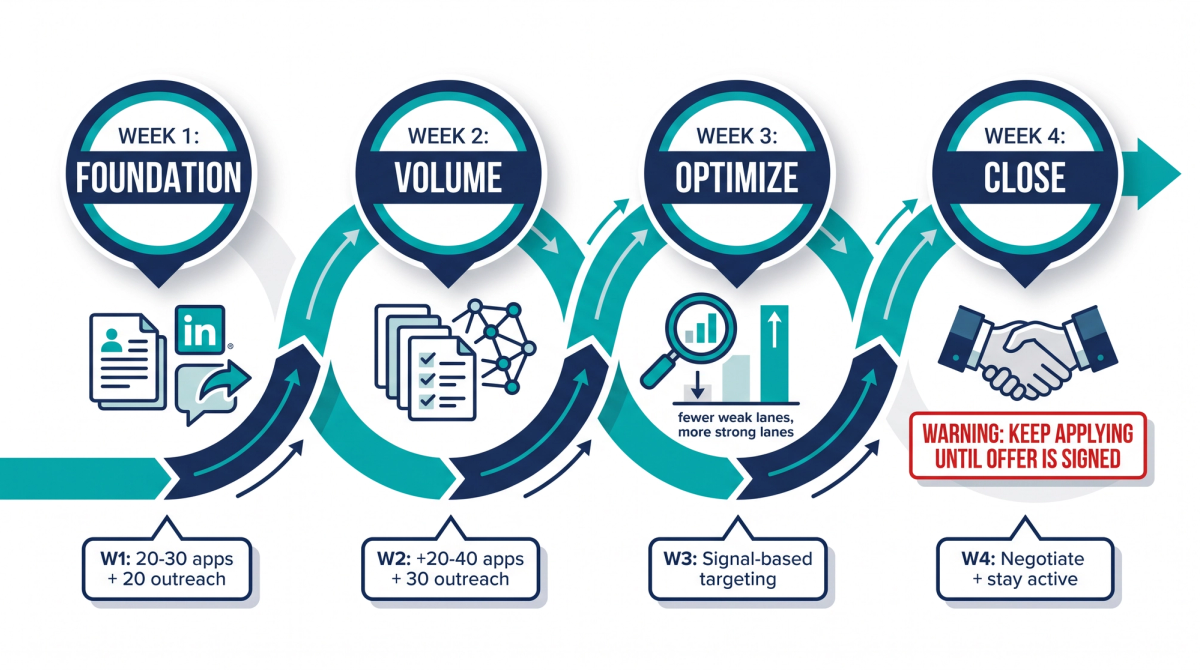 30-day job search plan roadmap showing four weekly milestones from foundation building to closing offers