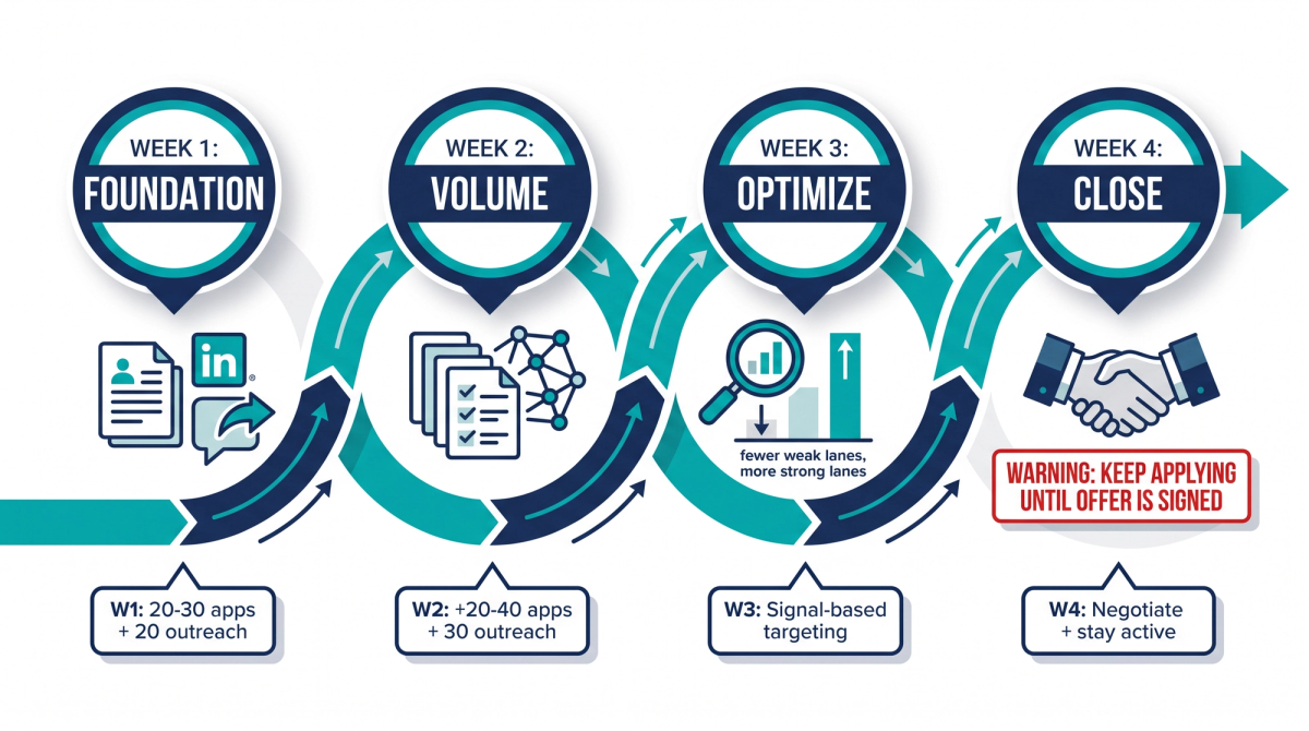 30-day job search plan roadmap showing four weekly milestones from foundation building to closing offers