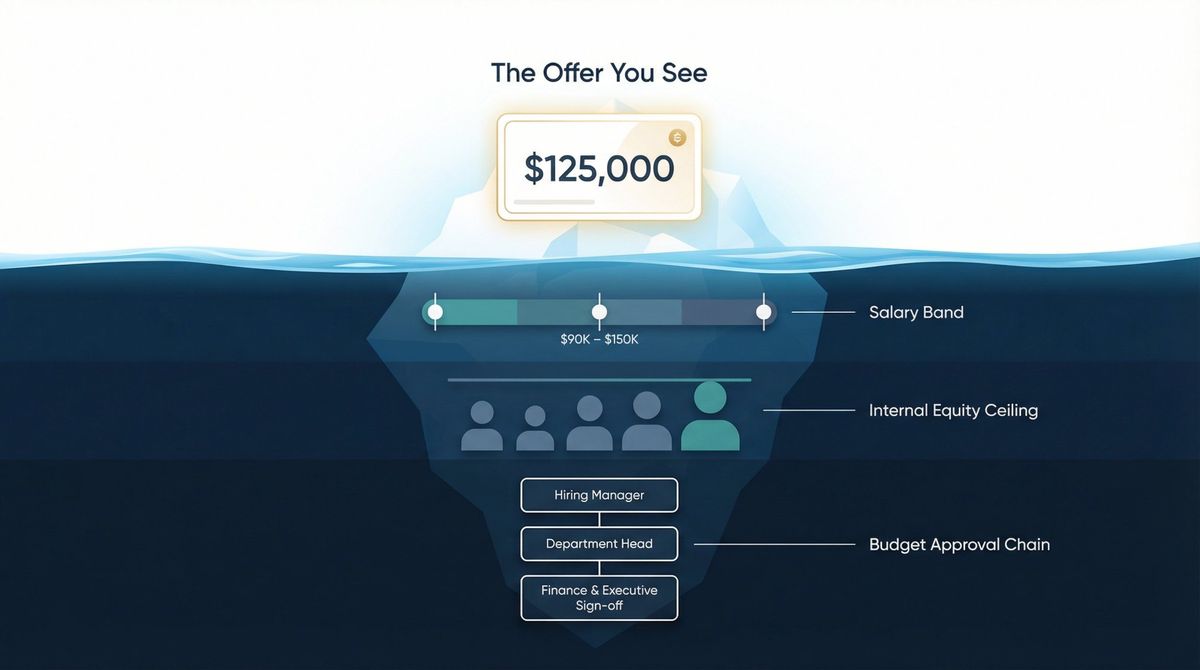 Iceberg diagram showing visible job offer amount above waterline and hidden salary band range, internal equity constraints, and budget approval tiers below