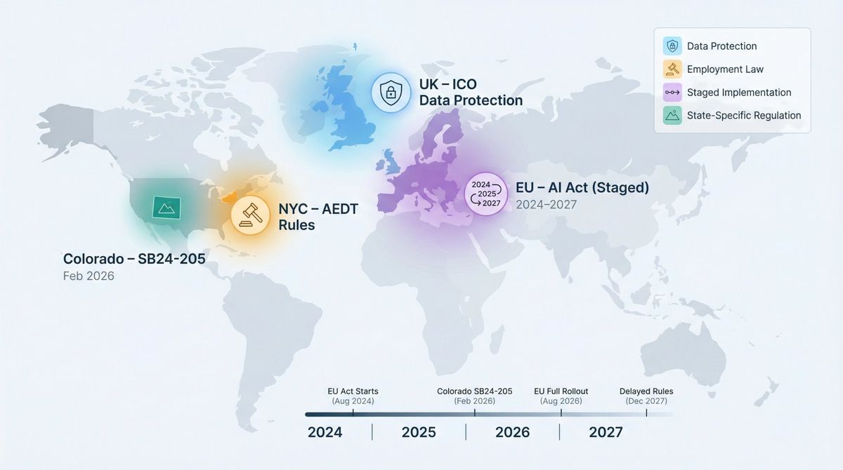 Stylized world map showing AI recruitment regulation zones across UK, NYC, EU, and Colorado with timeline markers