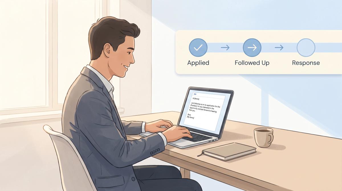 Job seeker confidently sending a follow-up email on a laptop, with a clean application pipeline timeline in the background
