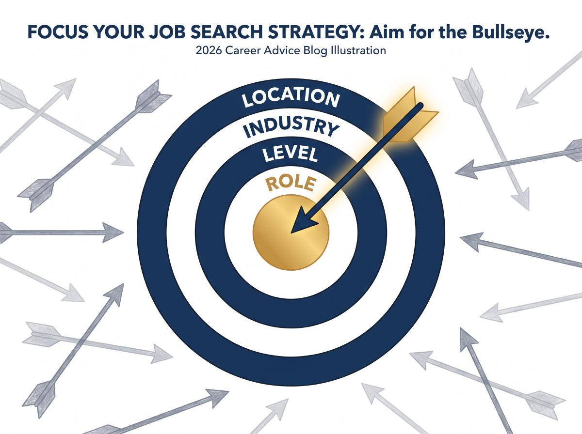 Illustration of a job search bullseye target with four rings labeled Role, Level, Industry, and Location — showing a focused job search strategy