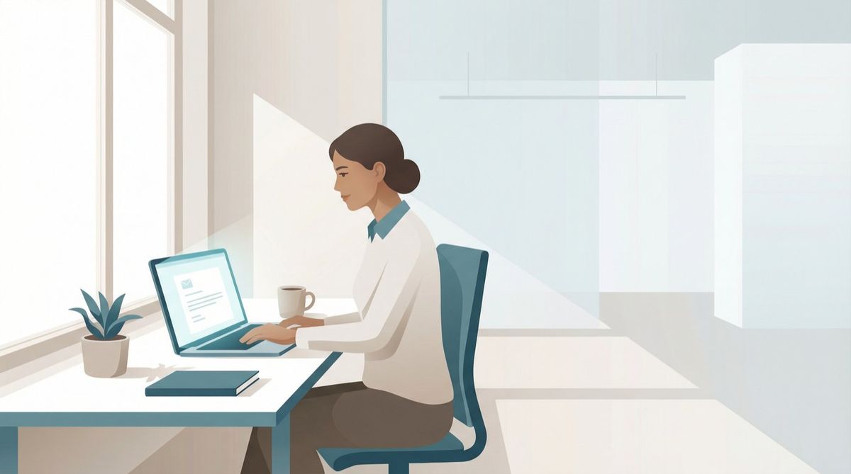 A professional calmly composing a polished job offer decline email on a modern laptop at a clean desk